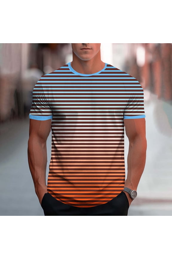 Mens Gradient Stripe Print Short Sleeve Tee Color Transition Design Athletic Performance Fabric Moisture Wicking Round Neck T-Shirt