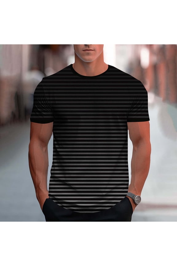 Mens Gradient Stripe Print Short Sleeve Tee Color Transition Design Athletic Performance Fabric Moisture Wicking Round Neck T-Shirt