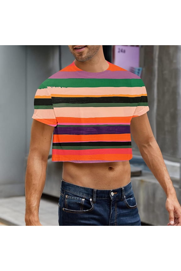 Mens Graphic Crop Midriff-Baring Short-Sleeved Round Neck Casual Top Printed Design Street Style Comfort Short Sleeve Shirt