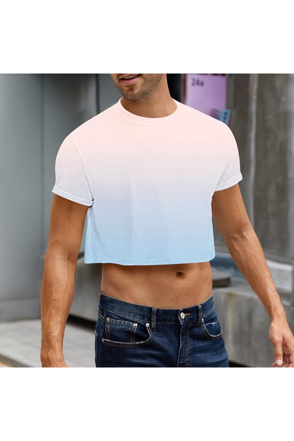Mens Graphic Crop Midriff-Baring Short-Sleeved Round Neck Casual Top Printed Design Street Style Comfort Short Sleeve Shirt
