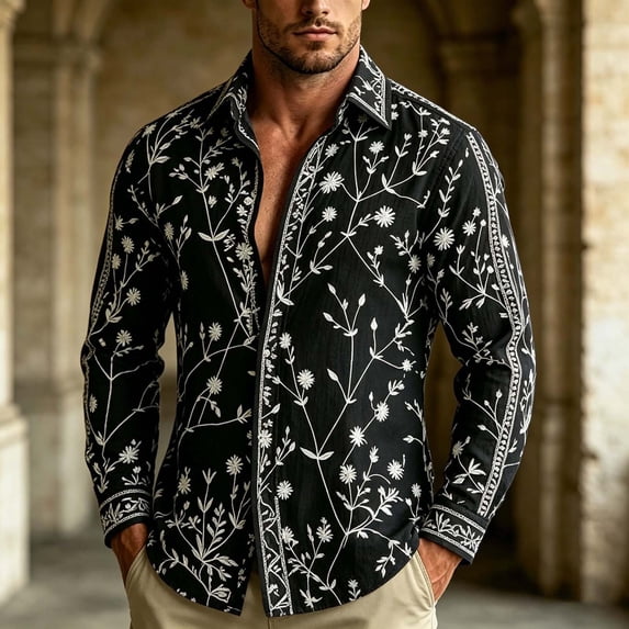 Yaoyar Mens Hawaiian Floral Long Sleeve Shirt Tropical Button Down Printed Aloha Shirts Wedding Beach Vacation with Pocket
