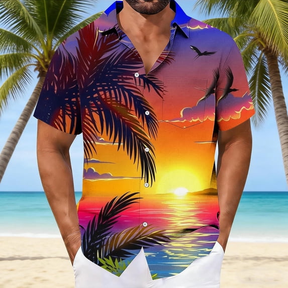 Yaoyar Mens Hawaiian Shirts Short Sleeve Summer Coconut Tree Print Casual Button Down Beach Aloha Shirts
