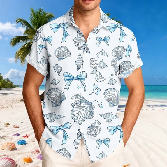 Yaoyar Mens Hawaiian Shirts Starfish Shell Print Button Down Short Sleeve Top Loose Trendy Summer Beach Vacation T Shirt