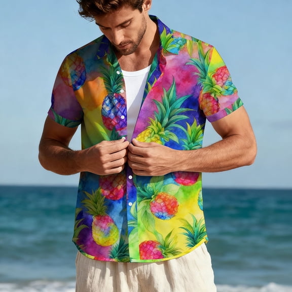 Yaoyar Mens Hawaiian Style Printed Short-Sleeved Lapel Button-Up Casual Tropical Flower Shirt Hoilday Beach Summer Clothing