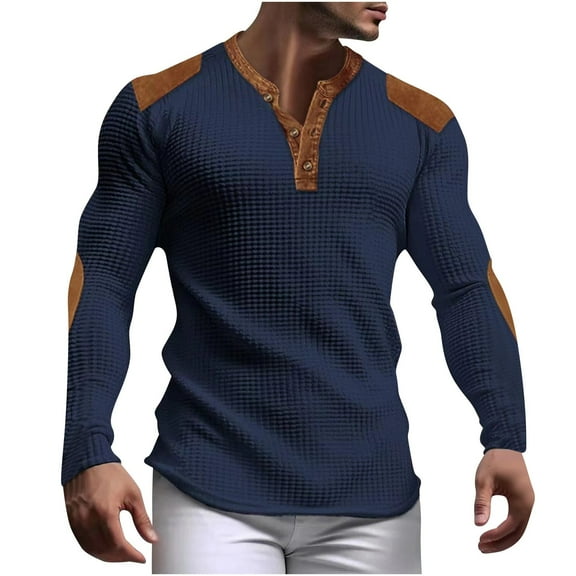 Yaoyar Mens Henley Long Sleeve T-Shirt Waffle Casual ShirtCasual Solid Color Button Up Round Neck Long Sleeved Shirt,Navy,M