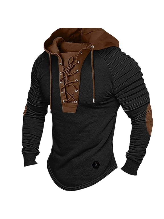 Mens Henley Muscle Shirt Hooded Long Sleeve Lace Up Vintage Casual T-Shirt Tactical Patchwork Western Tees with Elbow Patchs,Black,2XL