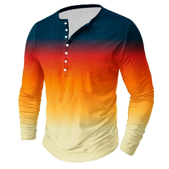 Yaoyar Mens Henley Shirts Gradient Color Short Sleeve Muscle Fit Shirts Vintage Casual Button Fitted T-Shirt for Men,Orange,S