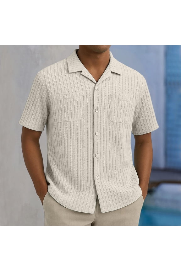 Mens Hollowed Out Short Sleeved Shirt Short Sleeve Button Up Shirt with Mesh Detailing,Knit Texture Sun Protection Resort Style Top with Two Pocket , Vacation Shirt for Men
