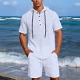 thumbnail image 1 of Yaoyar Mens Hooded Linen Outfits 2 Piece Short Sleeve Hoodie Henley Shirt And Beach Shorts Set Casual Summer Matching Set, 1 of 9