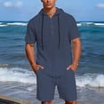 thumbnail image 1 of Yaoyar Mens Hooded Linen Outfits 2 Piece Short Sleeve Hoodie Henley Shirt And Beach Shorts Set Casual Summer Matching Set, 1 of 9