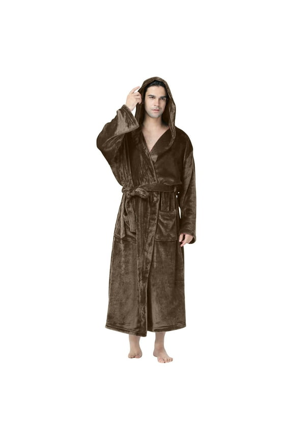 Yaoyar Mens Hooded Robe Plush Shawl Collar Soft Warm Fleece Robes House Coat Pajamas Coffee 2XL