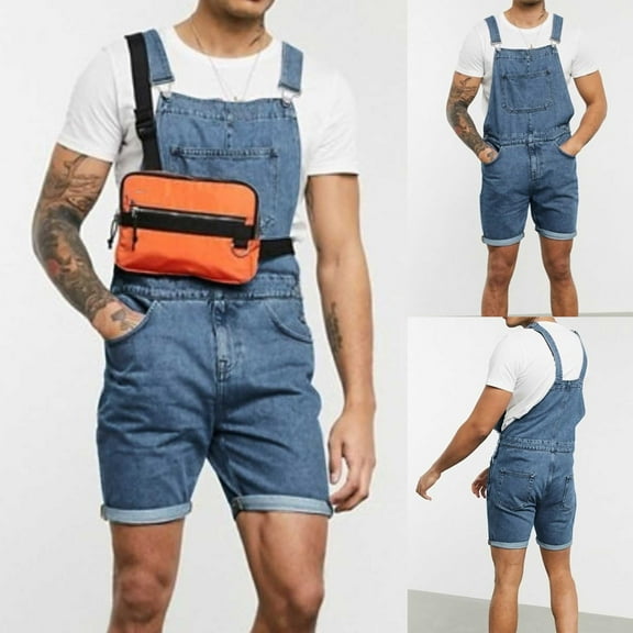 Yaoyar Mens Jeans Casual Fashion Solid Color Breast Pocket Denim Shorts Overalls Straight Type Suspenders Cargo Pants