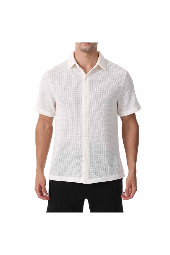 Mens Knit Mesh Button Down Collar Short Sleeve Summer Beach Casual Shirt Solid Color Top Breathable Tee