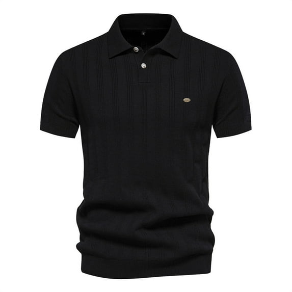 Yaoyar Mens Knitted Polo Shirt Short Sleeve Knit Texture Shirt Men Short Sleeve Turndown Collar Blouse Shirt Black,S