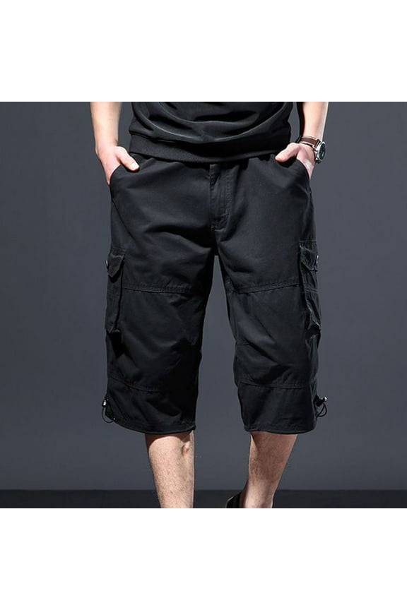 Mens Lightweight 3/4 Long Cargo Shorts Cotton Elastic Waist Below Knee Shorts Multi-Pockets Capri Short Pant