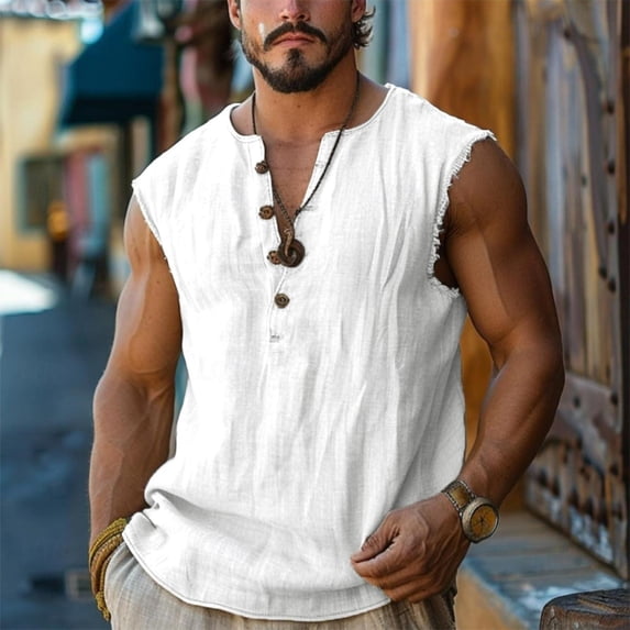 Yaoyar Mens Lightweight Cotton Linen Tank Tops Frayed Cut Off Sleeveless Casual Henley Shirt Beach Hippie Vintage Tunic Vest
