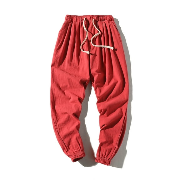 Yaoyar Mens Linen Casual Pants Lightweight Drawstring Beach Pants Elastic Waist Yoga Pants(Red,2XL)