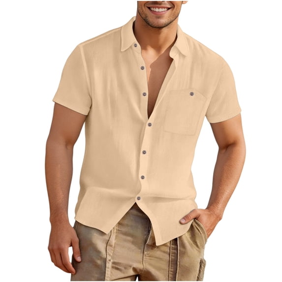 Yaoyar Mens Linen Short Sleeve Shirts Cotton Casual Lightweight Button Down Shirt Beach Vacation Summer Tops with Pocket