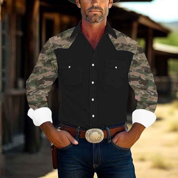 Yaoyar Mens Long Sleeve Casual Button-Down Shirt Fashionable Vintage Color Block Print Casual Work ShirtsTurndown Collar Blouse Shirt