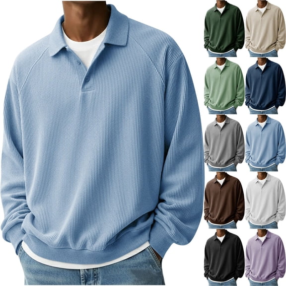 Yaoyar Mens Long Sleeve Shirt Casual Waffle Knit Textured Sweater Quarter Button Lightweight Ribbed Sweatshirts