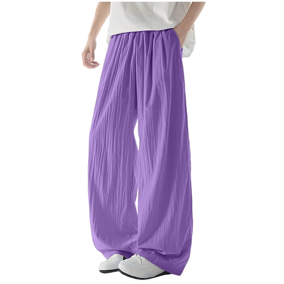 Yaoyar Mens Loose Elastic Drawstring Waist Pants Solid Color Wide Leg Casual Pants With Ice Silk Drape Feeling Summer Lightweight Breathable Pants