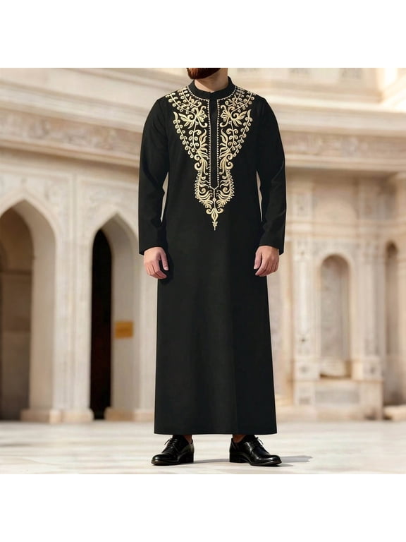 Mens Middle Eastern Traditional Robe Mid Sleeve Round Neck Embroidered Men's Clothing Middle East Kaftan Saudi Arab Caftans Islamic Abaya Dress Dubai Robes