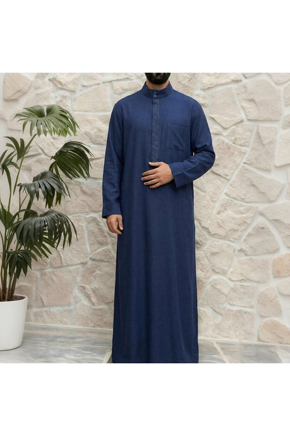 Mens Middle Eastern Traditional Robe Mid Sleeve Round Neck Embroidered Men's Clothing Middle East Kaftan Saudi Arab Caftans Islamic Abaya Dress Dubai Robes