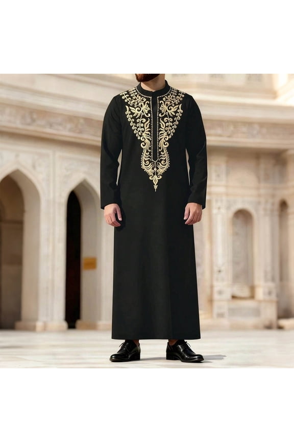 Mens Middle Eastern Traditional Robe Mid Sleeve Round Neck Embroidered Men's Clothing Middle East Kaftan Saudi Arab Caftans Islamic Abaya Dress Dubai Robes