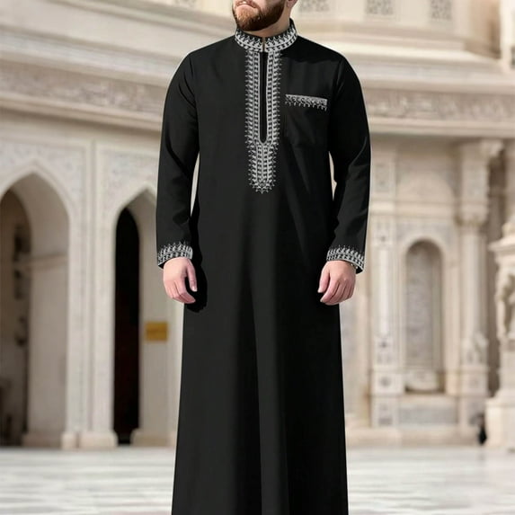 Yaoyar Mens Middle Eastern Traditional Robe Mid Sleeve Round Neck Embroidered Men's Clothing Middle East Kaftan Saudi Arab Caftans Islamic Abaya Dress Dubai Robes