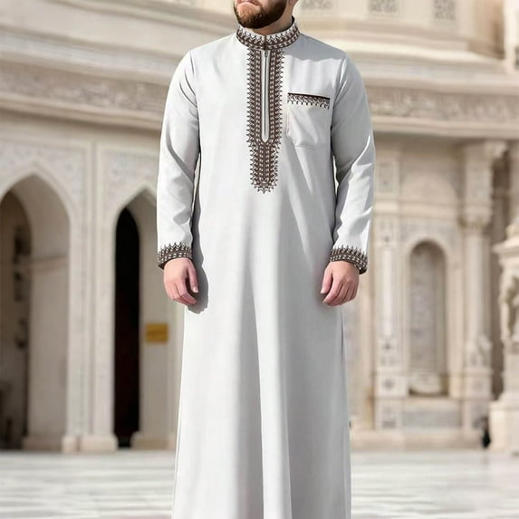 Yaoyar Mens Middle Eastern Traditional Robe Mid Sleeve Round Neck Embroidered Men's Clothing Middle East Kaftan Saudi Arab Caftans Islamic Abaya Dress Dubai Robes