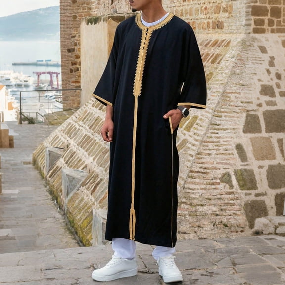Yaoyar Mens Middle Eastern Traditional Robe Mid Sleeve Round Neck Embroidered Men's Clothing Middle East Kaftan Saudi Arab Caftans Islamic Abaya Dress Dubai Robes