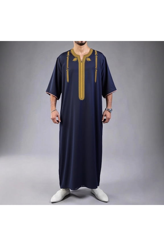 Mens Middle Eastern Traditional Robe Mid Sleeve Round Neck Embroidered Men's Clothing Middle East Kaftan Saudi Arab Caftans Islamic Abaya Dress Dubai Robes