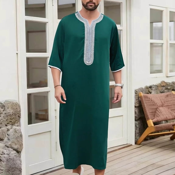 Yaoyar Mens Middle Eastern Traditional Robe Mid Sleeve Round Neck Embroidered Men's Clothing Middle East Kaftan Saudi Arab Caftans Islamic Abaya Dress Dubai Robes