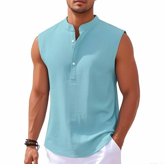 Yaoyar Mens Muscle Tank Tops Sleeveless Workout Gym Henley Shirts Slim Fit Collared T-Shirts Beach Summer Button Vest Shirts