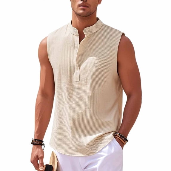 Yaoyar Mens Muscle Tank Tops Sleeveless Workout Gym Henley Shirts Slim Fit Collared T-Shirts Beach Summer Button Vest Shirts
