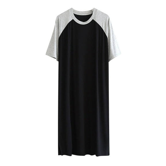 Yaoyar Mens Nightshirt Cotton Nightgown Crew Neck Short Sleeve PJ Soft Long Sleepwear Loose Pajamas Sleep Shirt Black 3XL
