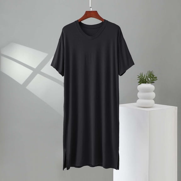 Yaoyar Mens Nightshirt Cotton Nightgown Crew Neck Short Sleeve PJ Soft Long Sleepwear Loose Pajamas Sleep Shirt Black 3XL
