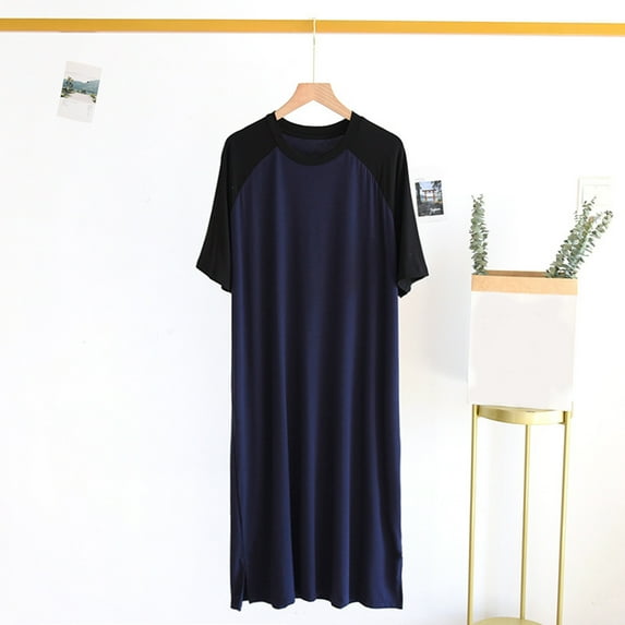 Yaoyar Mens Nightshirt Cotton Nightgown Crew Neck Short Sleeve PJ Soft Long Sleepwear Loose Pajamas Sleep Shirt Black L