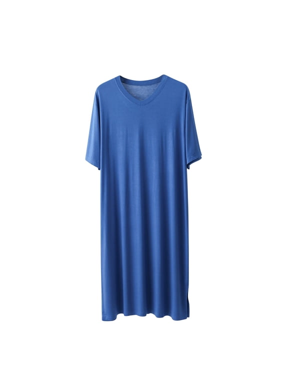 Yaoyar Mens Nightshirt Cotton Nightgown V Neck Short Sleeve PJ Soft Long Sleepwear Loose Pajamas Sleep Shirt Blue 2XL