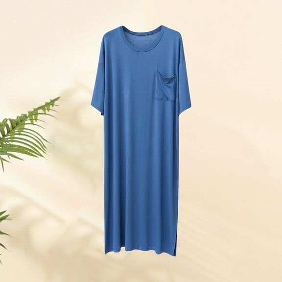 Yaoyar Mens Nightshirt Cotton Nightgown V Neck Short Sleeve PJ Soft Long Sleepwear Loose Pajamas Sleep Shirt,Blue,2XL