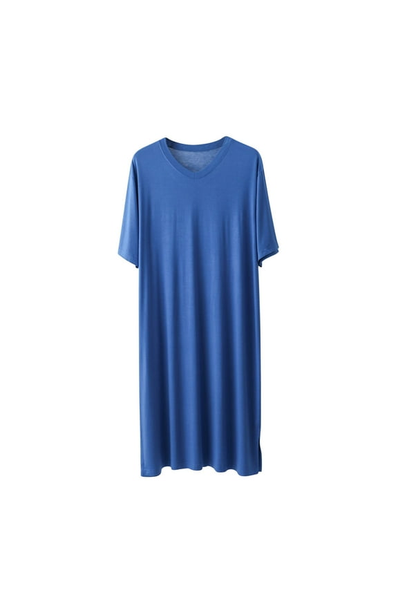 Yaoyar Mens Nightshirt Cotton Nightgown V Neck Short Sleeve PJ Soft Long Sleepwear Loose Pajamas Sleep Shirt Blue 3XL