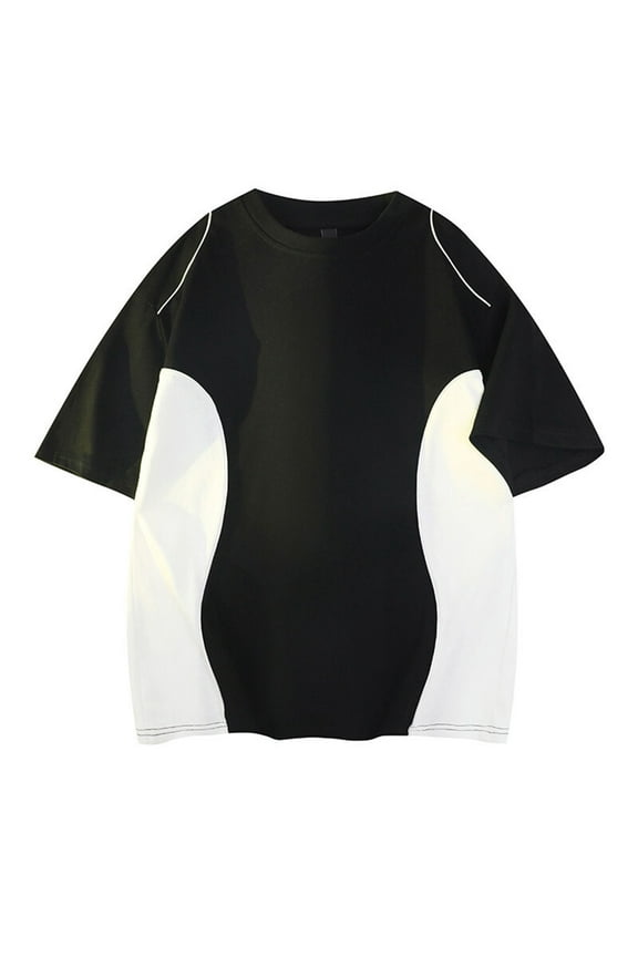Mens Oversized Color Trim Short Sleeve Tee Contrast Tape Detail Loose Fit Casual Graphic Round Neck T-Shirt