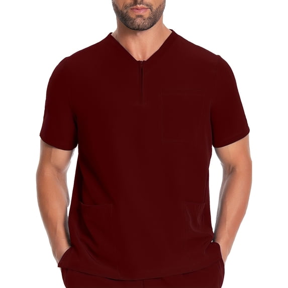 Yaoyar Mens Partial Zip V-Neck Scrub Top, Rib-Knit Panels, 2 Zip Pockets, 1 Welt Pocket PROTX2 Fabric- IN702A