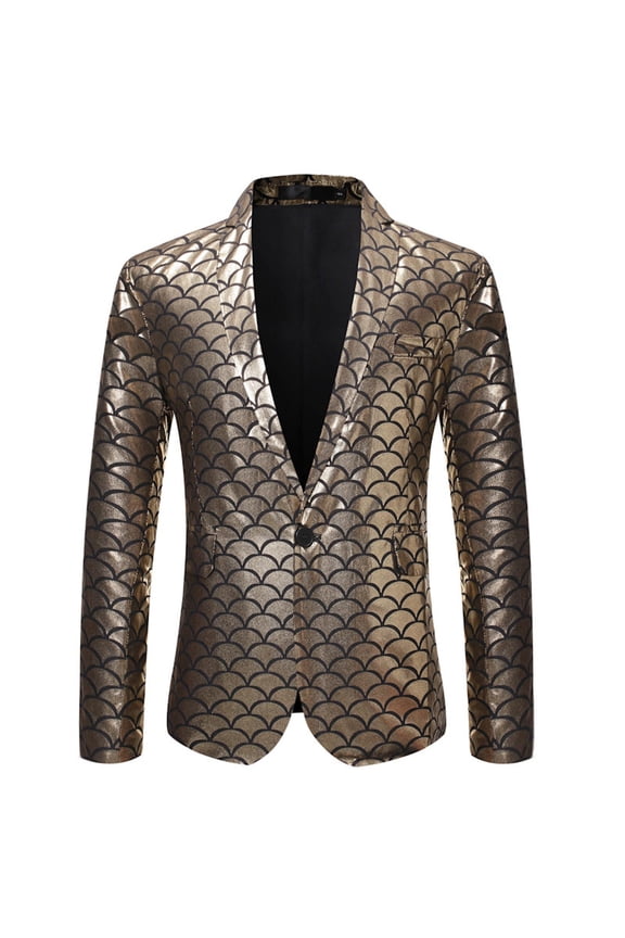 Mens Party Dinner Performance Host Dress Tuxedo Gold Plaid Printed Lapel Suit Blazer Jacket Black L