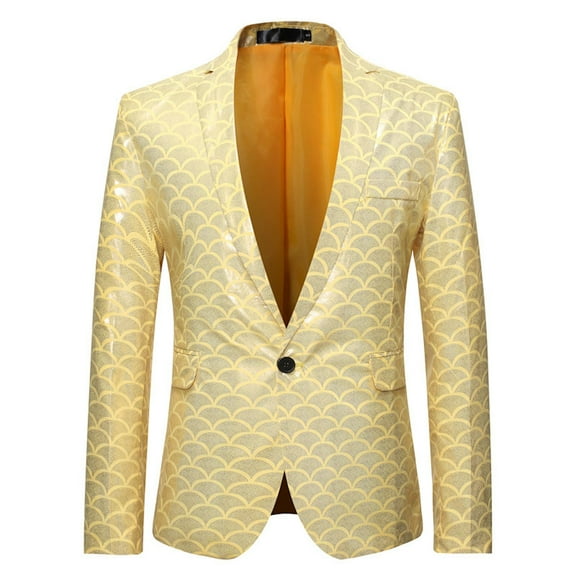 Yaoyar Mens Party Dinner Performance Host Dress Tuxedo Gold Plaid Printed Lapel Suit Blazer Jacket Yellow L