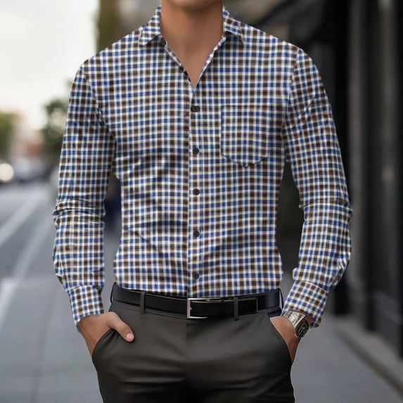 Yaoyar Mens Plaid and Striped Long Sleeve Casual Button Down, Mixed Pattern Collared Shirt, Contemporary Casual Style Top