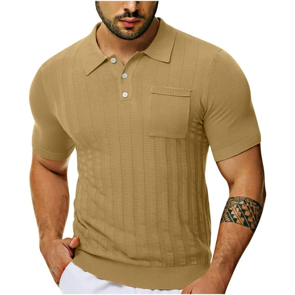 Yaoyar Mens Polo Shirt Short Sleeve Casual Knit Textured Button Down Polo Shirts with Pocket Men's Short Sleeve Turndown Collar Blouse Khaki,3XL