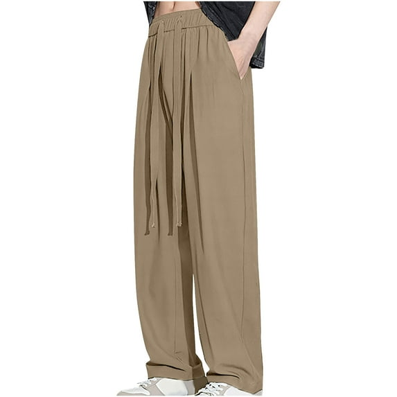 Yaoyar Mens Regular Fit Pants Drawstring Wide Leg Sweatpants Comfort Elastic Waist Yoga Pants(Khaki,5XL)