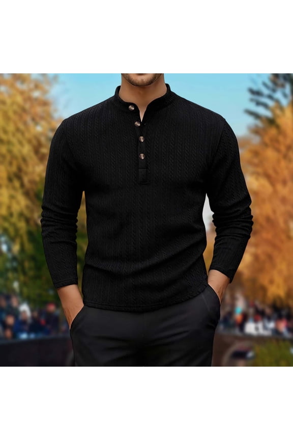 Mens Retro Henley Long Sleeve Button Up Shirt Placket Design Turn Down Collar Casual Comfort Long Sleeve Shirt