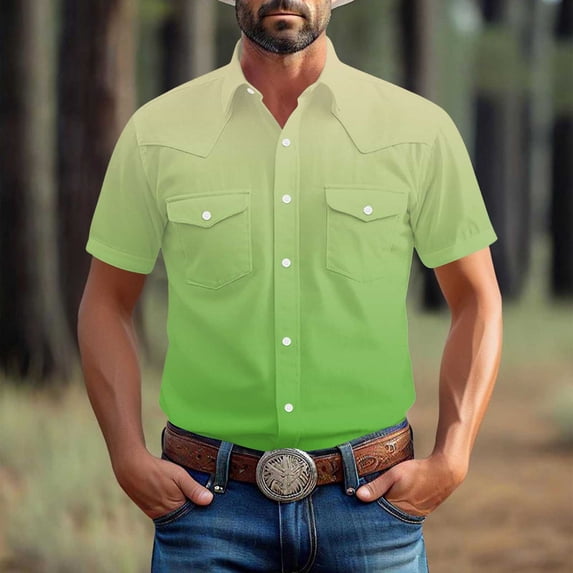 Yaoyar Mens Retro Solid Color Short Sleeve Gradient Top Button Down Pocket Collar Casual Top Traditional Heritage Design Classic Style Short Sleeve Shirt